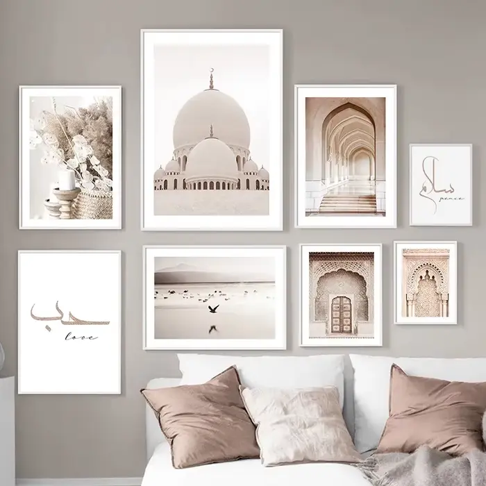 Architecture et calligraphie musulmane de Style islamique Beige, affiches murales imprimées sur toile, peinture décorative, images de salle de luxe