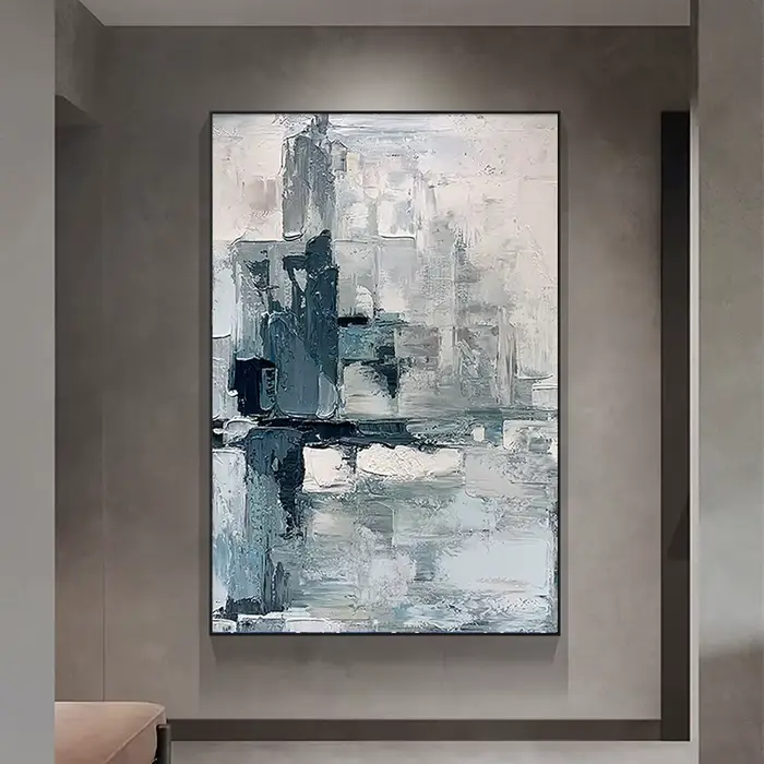 Grande optique peinte à la main Bergame peinture à l'huile bleu abstrait mur Art