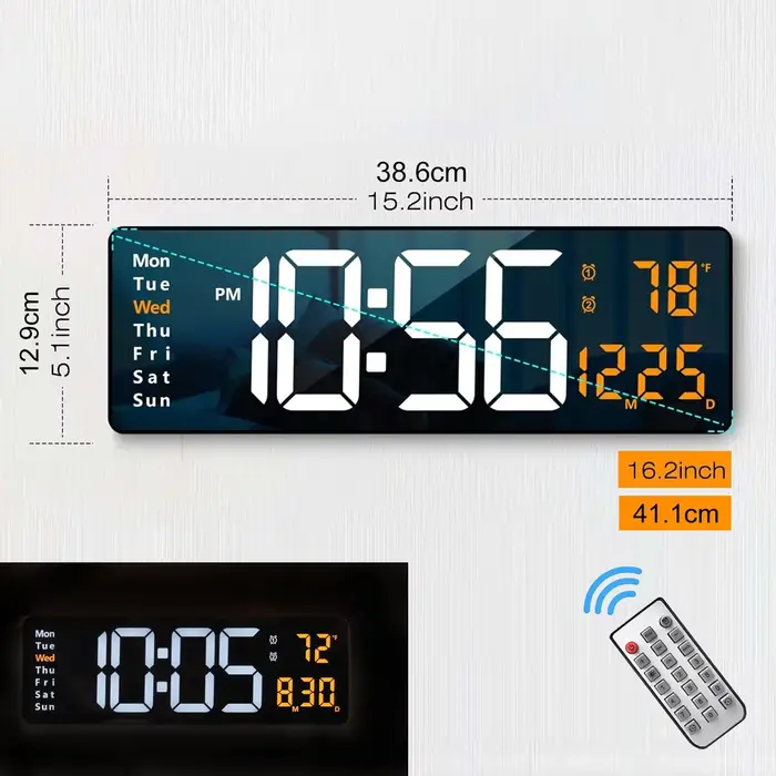 Grande horloge murale numérique 16.2 pouces, avec télécommande, grand LED/double alarme/8 couleurs r