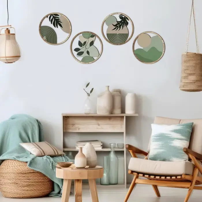4 Pièces Décoration Murale Ronde en Bois Style Bohème