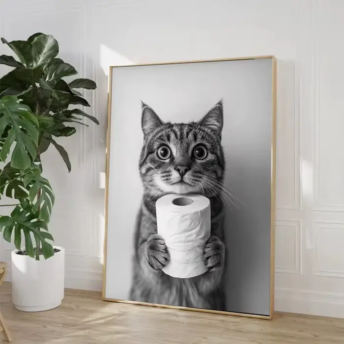 Highland vache loutre chat raton laveur avec papier toilette affiche impression toile peinture salle de bain mur Art