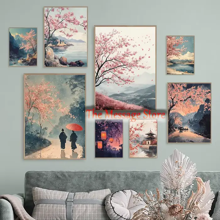 Peinture de paysage printanier inspirée de l'Ukiyo-e rétro