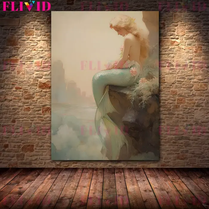 Sirène sur le récif vintage peinture à l'huile sur toile
