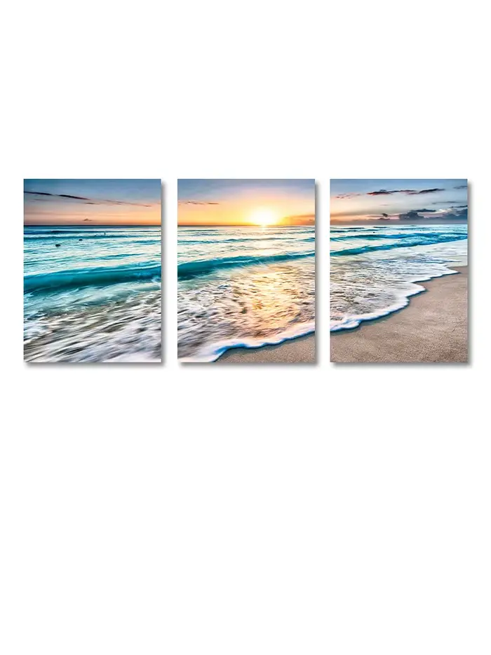 Toile de peinture moderne ondulée plage coucher de soleil, affiches avec vue sur la mer naturelle et