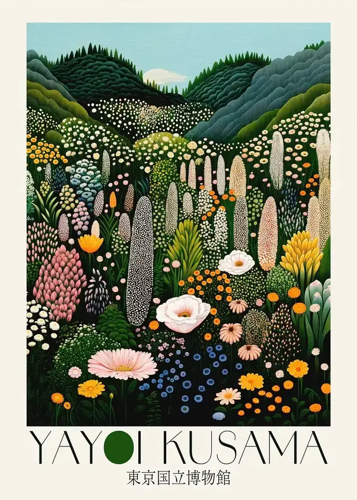 Affiche japonaise Yayoi Kusama inspirée du musée de Tokyo botanique, toile florale colorée, peinture