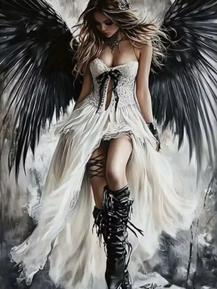 Peinture diamant ange foncé fantaisie murale-ailes noires gothiques femme en robe blanche pour la dé