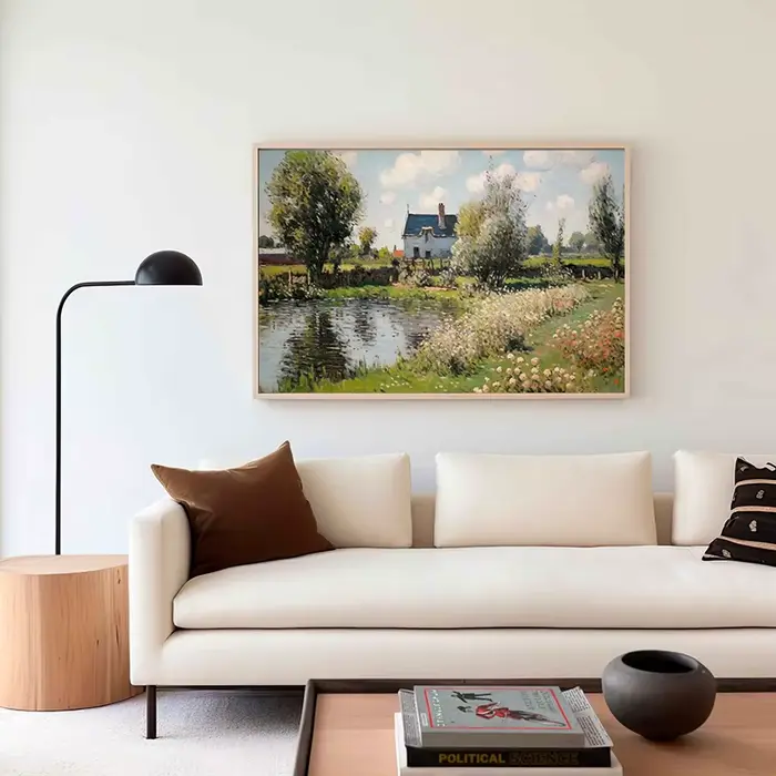Toile de peinture à l'huile de jardin de roses de rivière de pays d'été