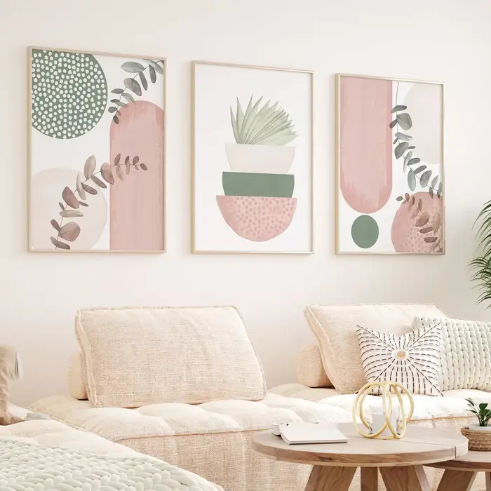 Lot de 3 tableaux muraux bohèmes modernes rose et vert – Décoration murale minimaliste pour salon – Peinture sur toile