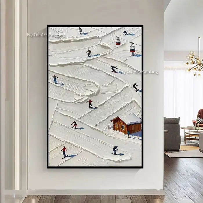 Conception Simple peint à la main blanc Art montagnes enneigées peinture à l'huile épaisse abstraite montagne personnes ski toile œuvre décoration murale