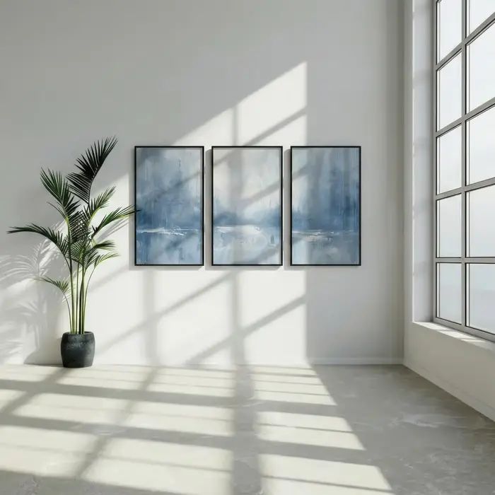 Lot de 3 tableaux muraux abstraits bleu ardoise et blanc