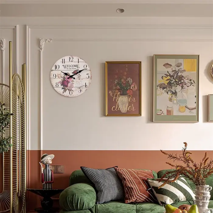 Rétro fleur papillon "Benvenue à notre maison" modèle horloge murale en bois salon chambre cuisine décoration