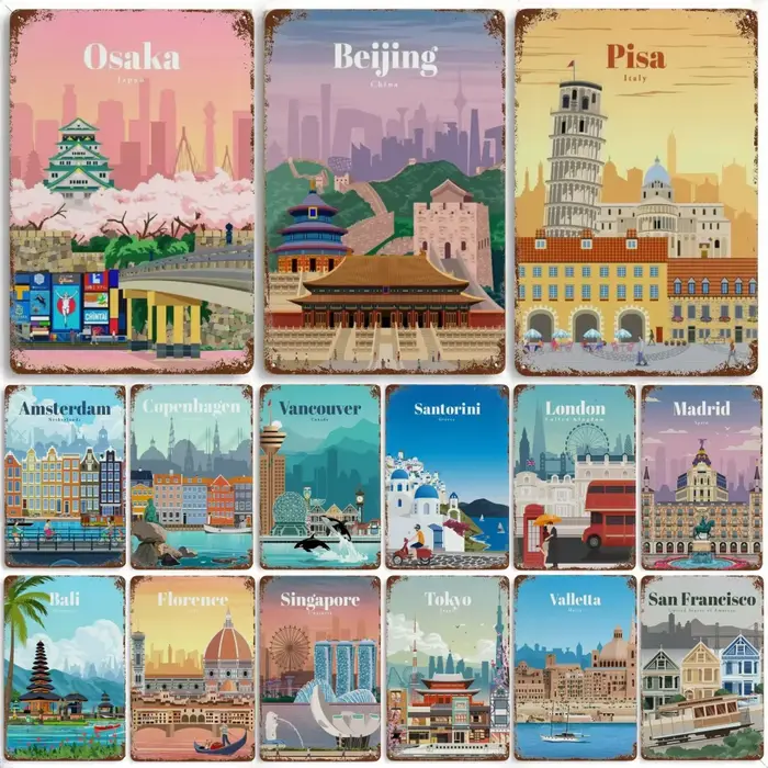 Affiche de voyage en métal et aluminium, Amsterdam, londres, islande, Bali, plaques rétro pour Club, homme, grotte, Bar, hôtel, café, décoration murale