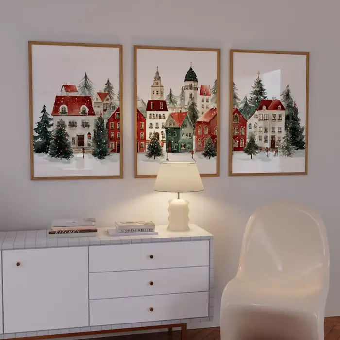 Ensemble d'imprimés de Village de noël, 3 peintures de ville d'hiver enneigées, affiche imprimée pour salon, décoration de père noël