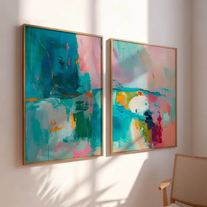 Ensemble de 2 impressions d'art abstrait rose et turquoise vives et colorées