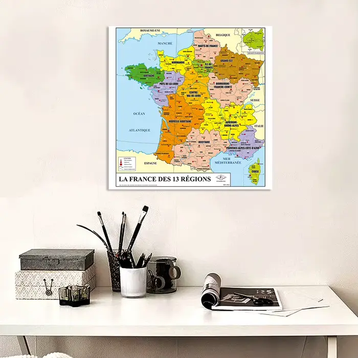 Carte politique de la France en français, peinture sur toile non tissée, affiche murale imprimée irr
