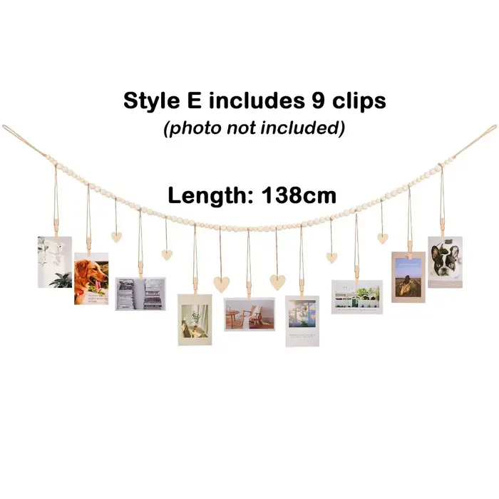 Chaîne murale porte-photos en bois avec clips à pompons et perles pour décoration murale de maison, 