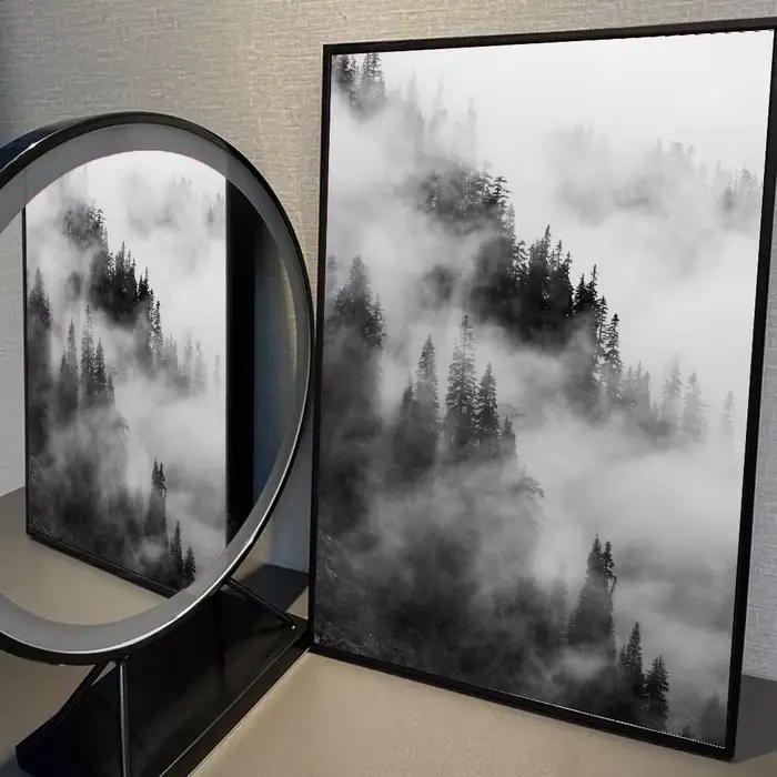 Affiche autocollante en papier imperméable, 1 pièce, paysage de forêt brumeuse noir et blanc, décora