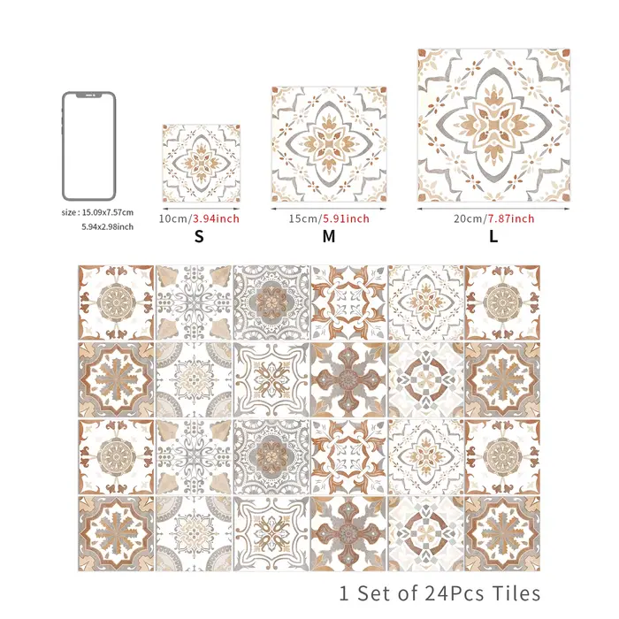 Autocollants de carrelage auto-adhésifs brillants à motif rétro Mandala, 24 pièces, pour cuisine et
