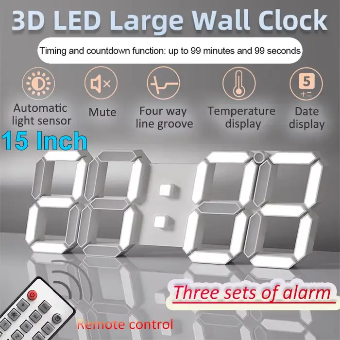 Horloge murale numérique LED de 15 pouces, affichage 3D, télécommande, horloge électronique, fonction de synchronisation et de compte à rebours automatiques