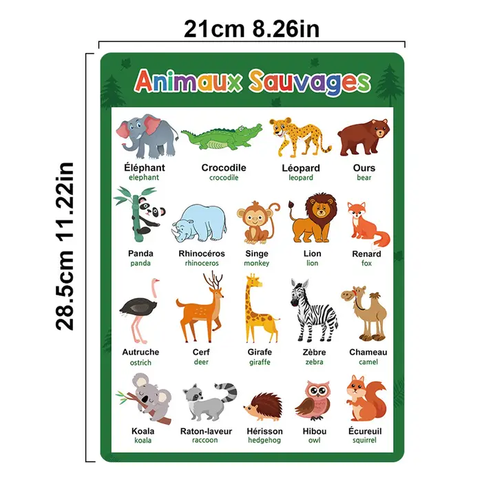 Affiche d'apprentissage du français avec animaux