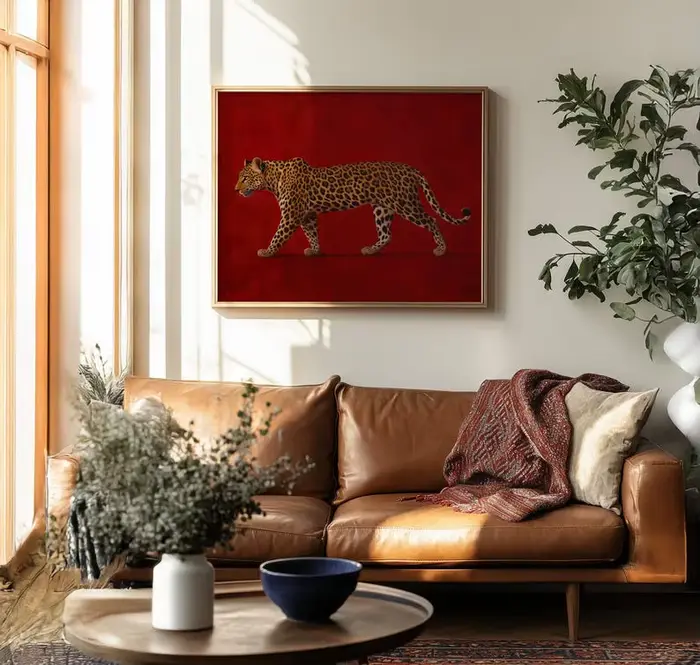 Peinture murale sur toile vintage léopard rouge sans cadre