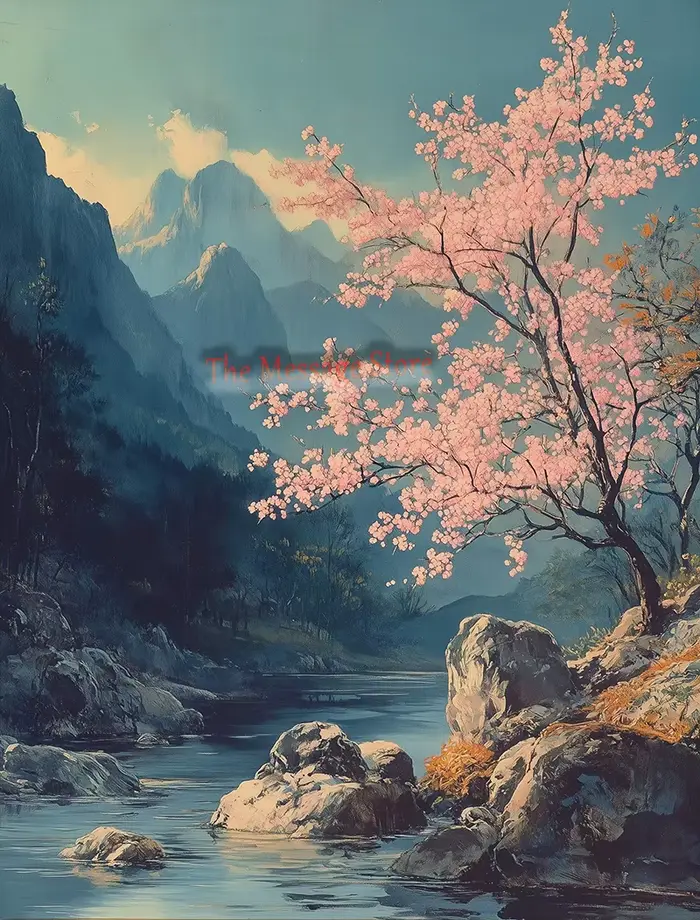 Peinture de paysage printanier inspirée de l'Ukiyo-e rétro, fleurs de cerisier japonaises, affiche S