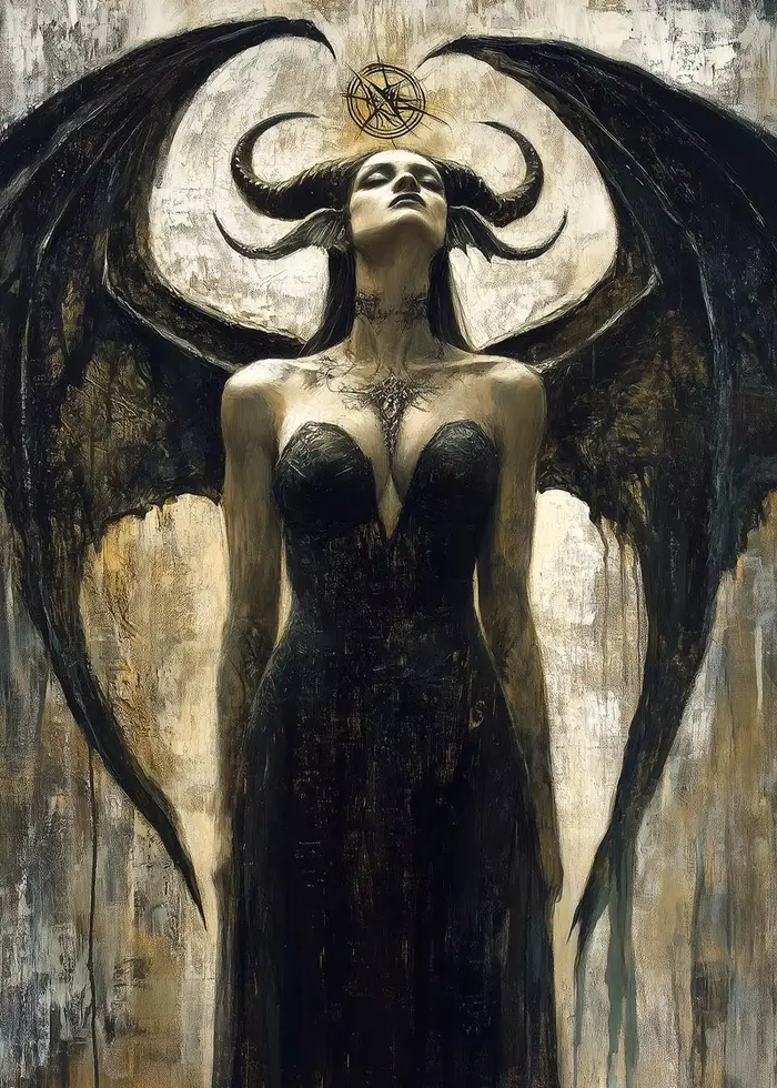 Belle déesse à cornes imprimée d'art Lilith, dieu féminin Sexy avec ailes de Dragon noir, décor de p