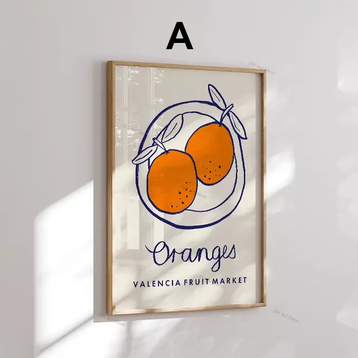 Affiche et impressions abstraites de fruits (citron, orange, pêche, tomate), peinture sur toile, déc