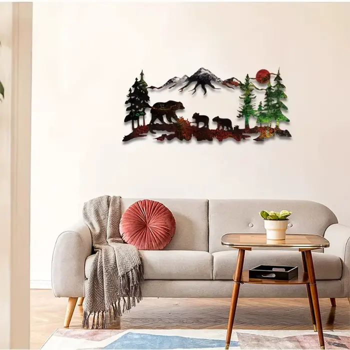 Art mural de montagne de forêt d'ours en métal-peinture de décoration de maison de Silhouette rustique