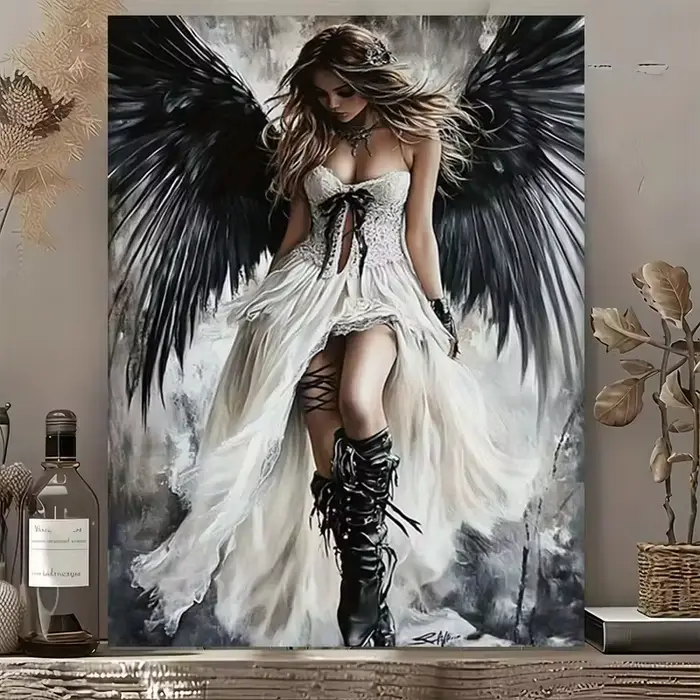 Peinture diamant ange foncé fantaisie murale-ailes noires gothiques femme en robe blanche pour la décoration de la maison et du bureau
