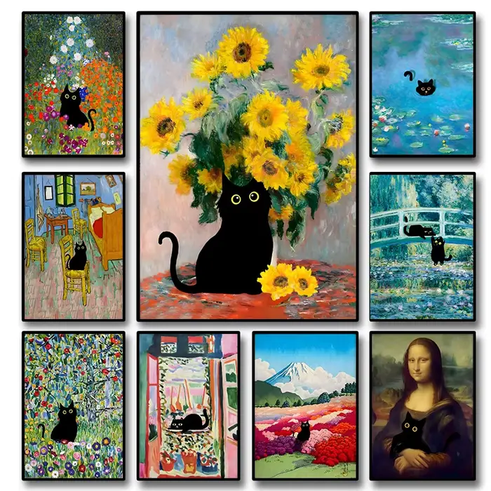 Affiche d'art sur toile avec chat noir amusant