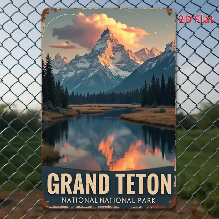 Affiche murale en métal du parc national de Grand Teton - Décoration vintage avec scène de montagne