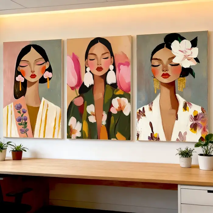Peinture sur toile moderne minimaliste de portrait féminin floral