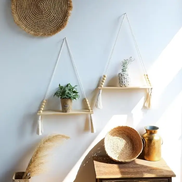 Étagères murales flottantes en macramé en bois