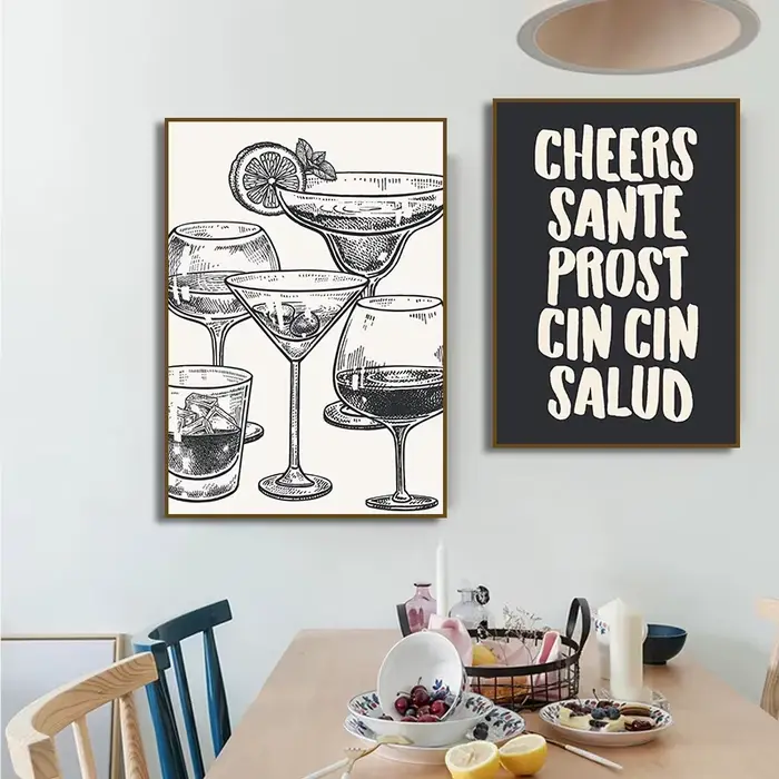 Affiche rétro café croissant cocktail Cheers Food and Clicks Fruit
