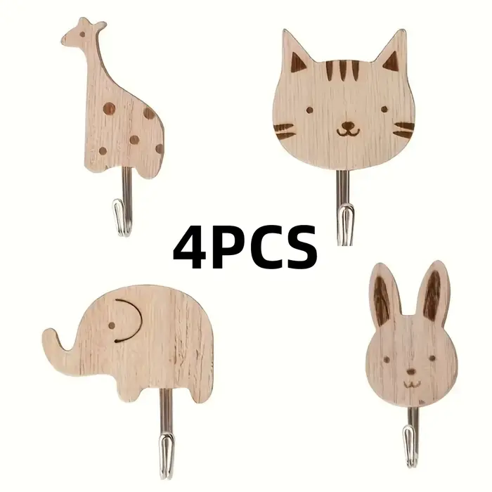 Crochets muraux en bois à l'effigie d'animaux de dessin animé mignons, crochets décoratifs autocolla