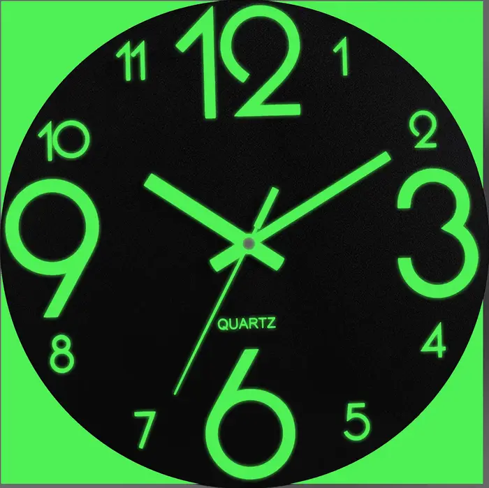 1010 Horloge murale ronde qui brille dans le noir avec chiffres luminescents, mouvement à quartz, fi