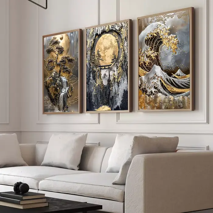 Toile de peinture abstraite d'arbre doré et de lune