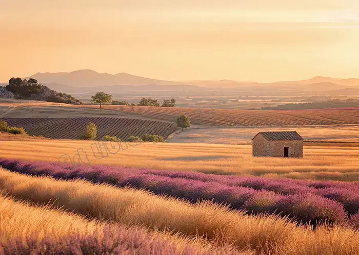AZNM Affiche sur toile Paysage moderne du coucher de soleil à la Provence, lavande, village rustique