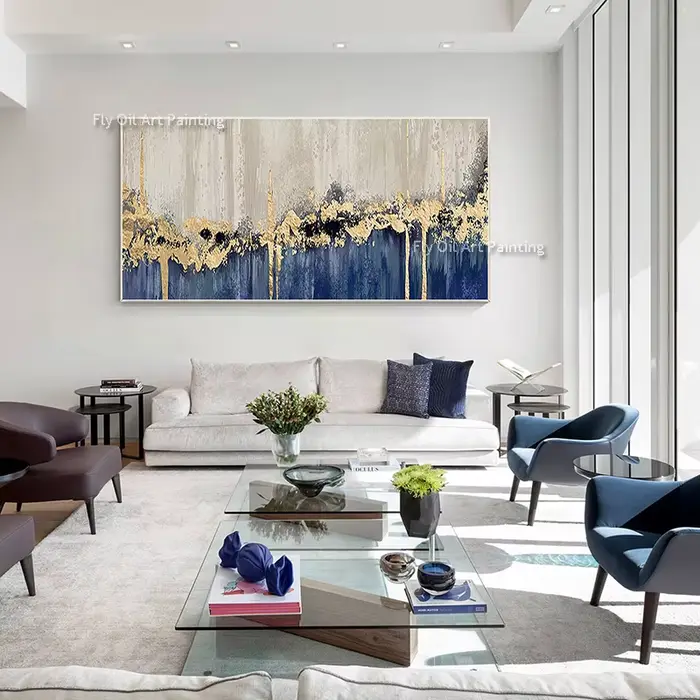 Toile moderne peinte à la main en feuille d'or bleue et Beige, grande peinture à l'huile abstraite b