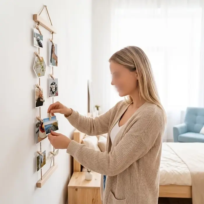 Photos en bois suspendues au mur avec pinces à corde