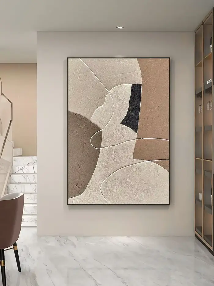 Grande peinture artisanale originale beige et marron