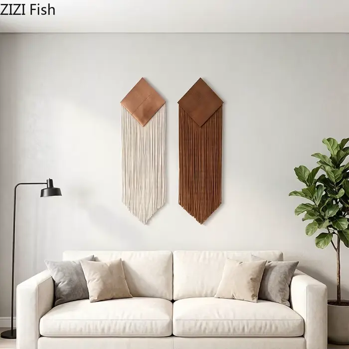 Tapisserie murale bohème en coton tressé avec pompons