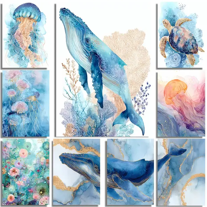 Triptyque mural Baleine Homard Méduse – Impressions aquarelle – Décoration abstraite vie marine océanique, nautique, méditerranéenne pour chambre d'enfant