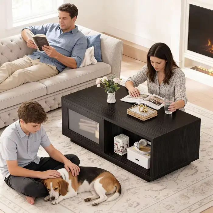 Table basse noire, table basse moderne pour salon, tables basses rectangulaires avec porte coulissan