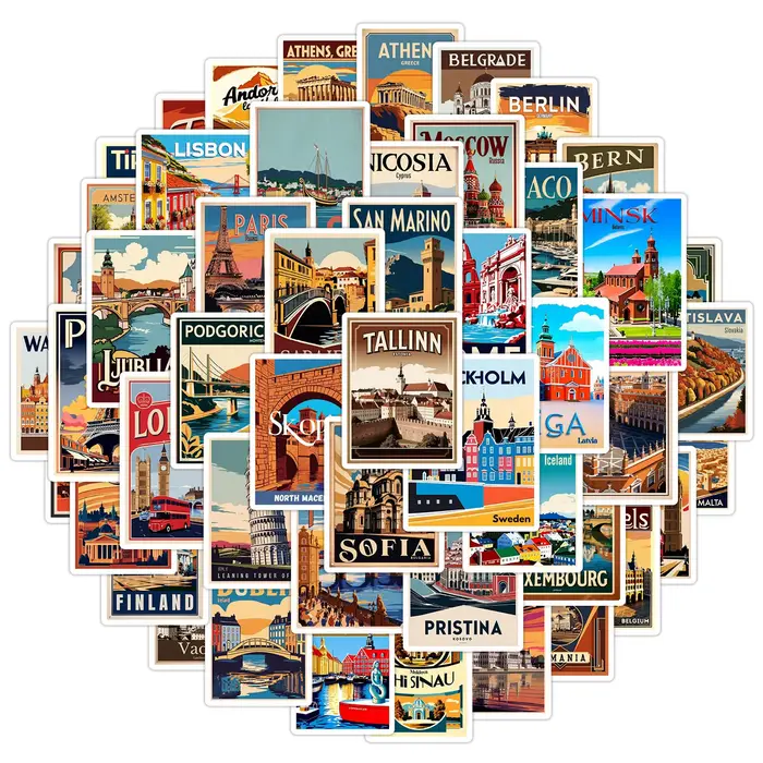 10/50Pcs Vintage Européen Voyage Autocollants Ville Landmark Bâtiments Affiche Autocollants BRICOLAG