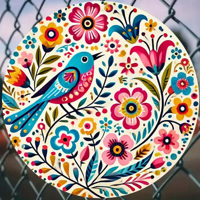 Art mural rond oiseau et fleur coloré 2D | Impression en aluminium