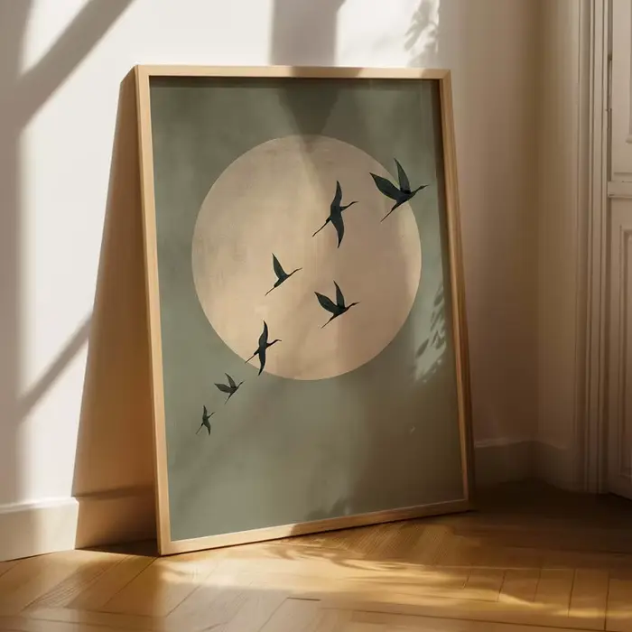 Sage Green Japandi Art Print - Grand Art mural abstrait soleil et oiseaux volants