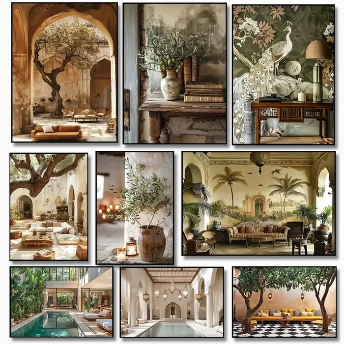 Peinture sur toile d'architecture avec branches et feuilles d'olivier italiennes