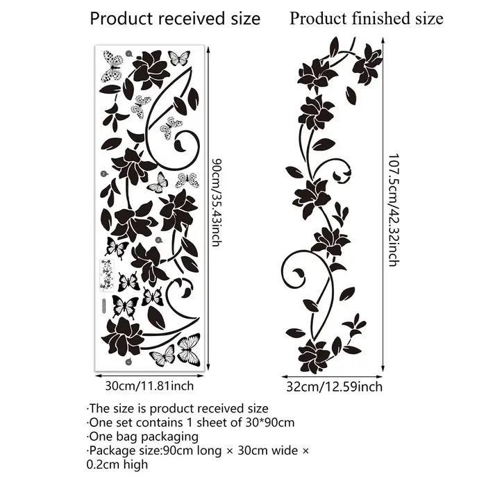 Autocollants muraux en vinyle anti-collision motif fleurs noires, papillons et vigne, pour fenêtres,
